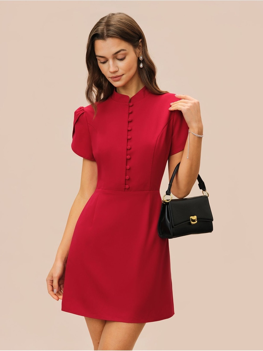 RIHOAS Red Button-Front Puff Sleeve Mini Dress